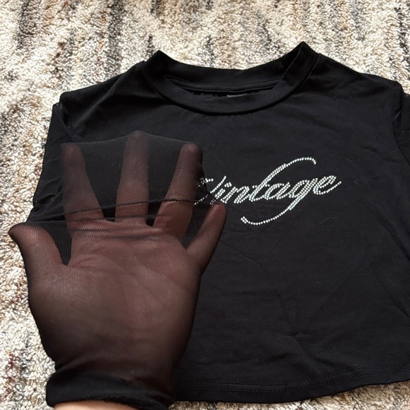 SHEIN Black Long-Sleeve Rhinestone Script Crop Top - Picture 2 of 4